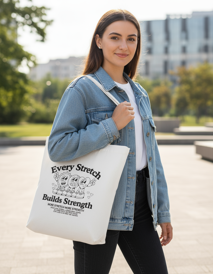 Every Stretch Builds Strength Tote Bag | Eco-Friendly Cotton Canvas Reusable Bag | Motivational Quote Tote Bag Zipper for Daily Use