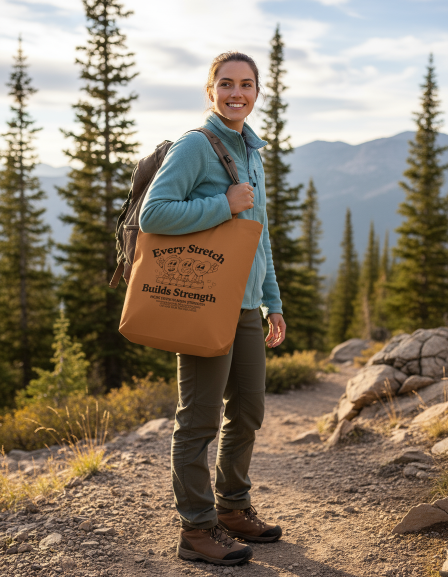 Every Stretch Builds Strength Tote Bag | Eco-Friendly Cotton Canvas Reusable Bag | Motivational Quote Tote Bag Zipper for Daily Use